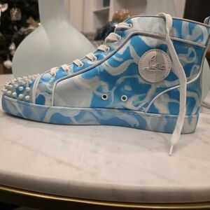 Christian Louboutin Blue and White High-Top Sneakers with Stud Toe